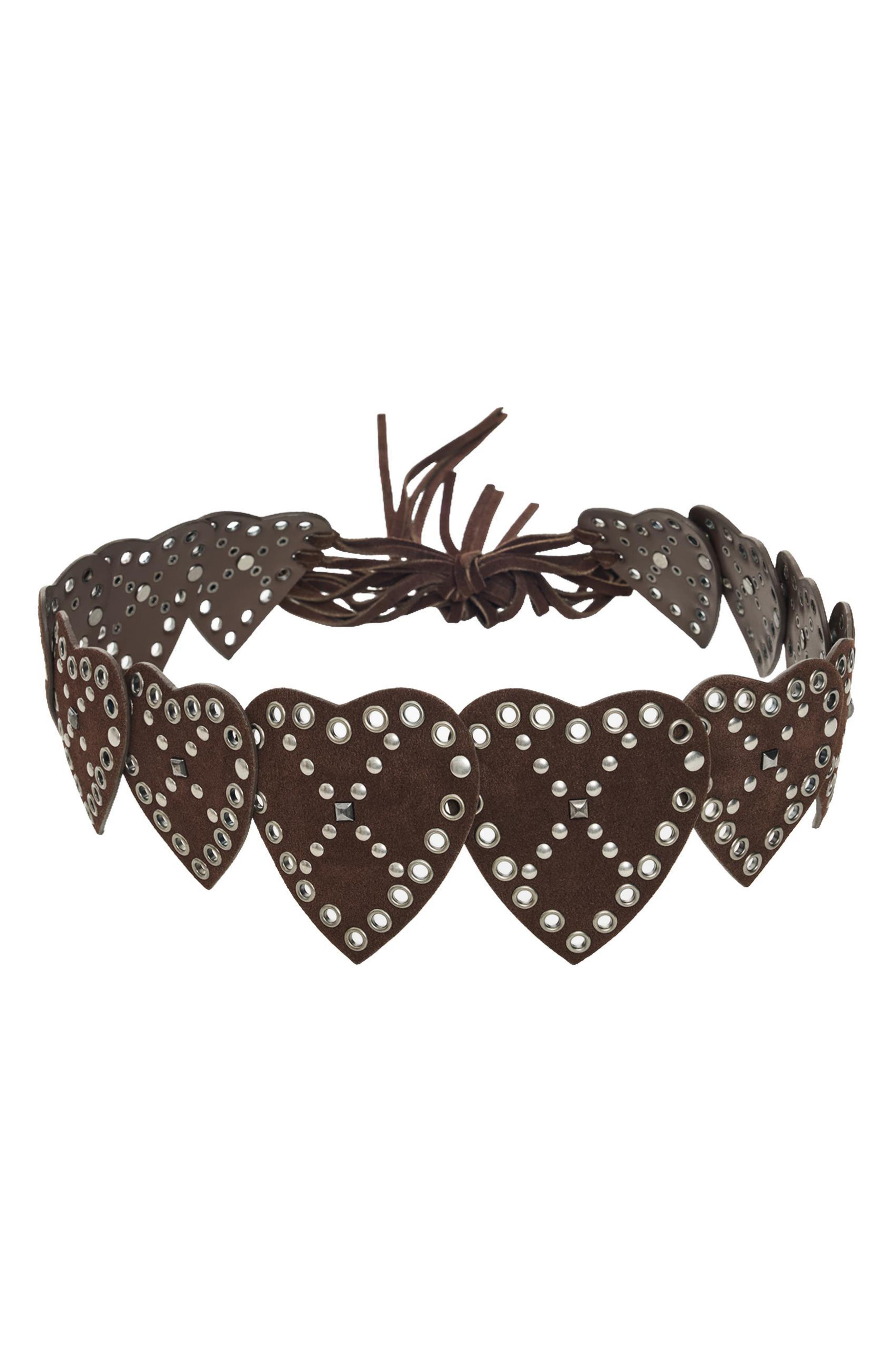 Studded Heart Leather Belt, Main, color, DARK BROWN