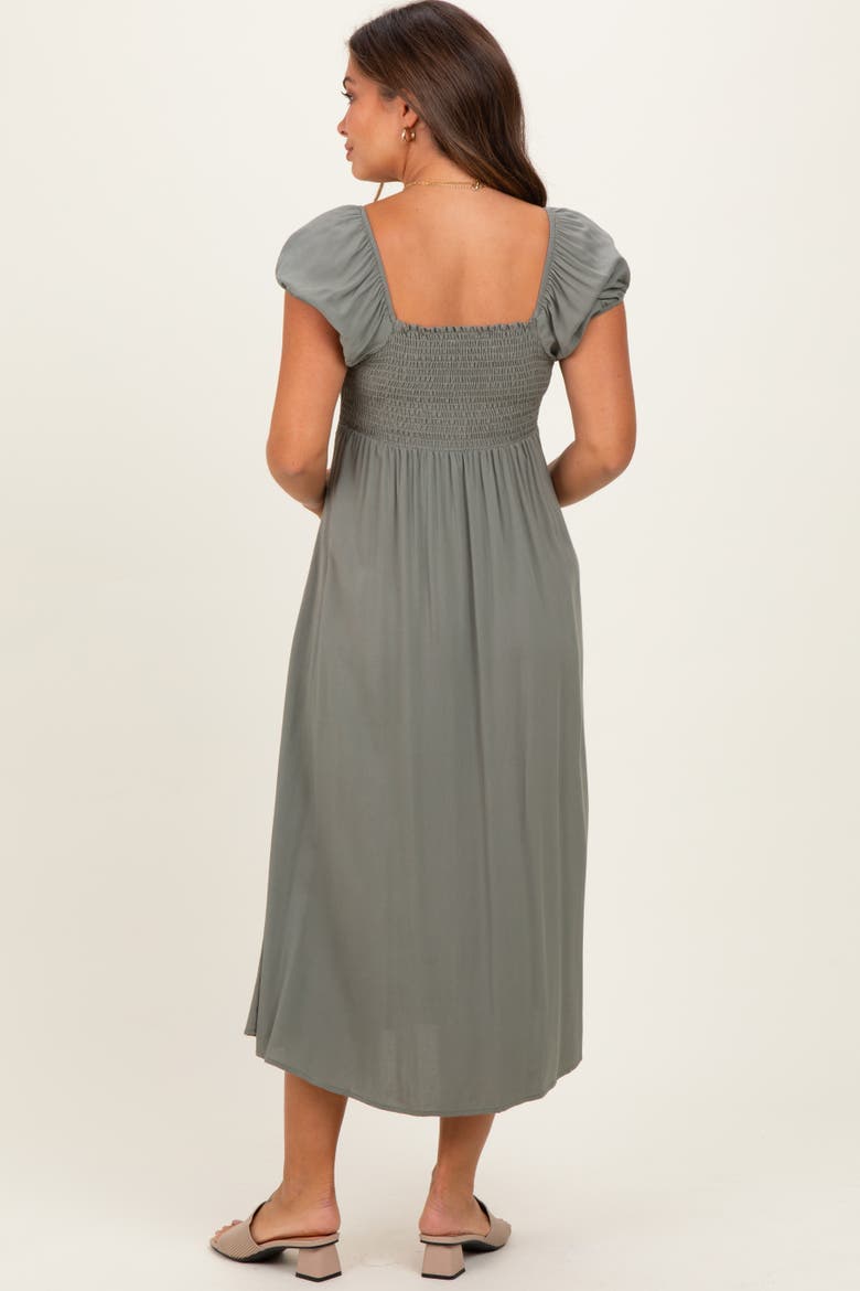 Button Accent Front Slit Midi Dress, Alternate, color, Olive Green