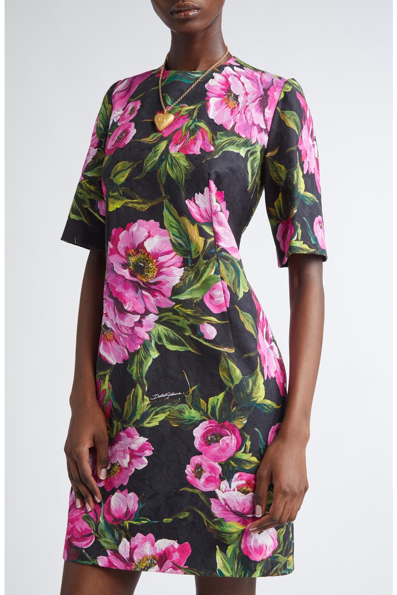 Peony Jacquard Stretch Cotton Sheath Dress, Alternate, color, HN5KR PEONIE FUXIA F.NERO