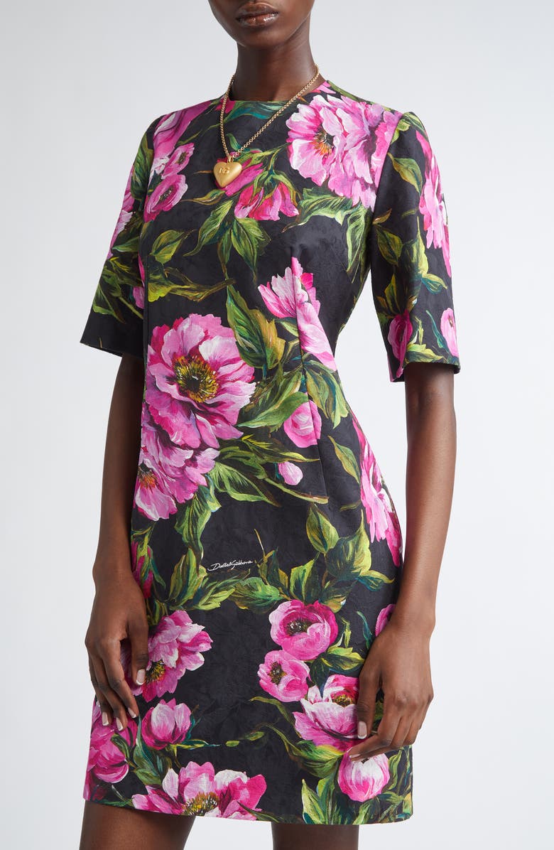 Dolce&Gabbana Peony Jacquard Stretch Cotton Sheath Dress, Alternate, color, Hn5kr Peonie Fuxia F.nero