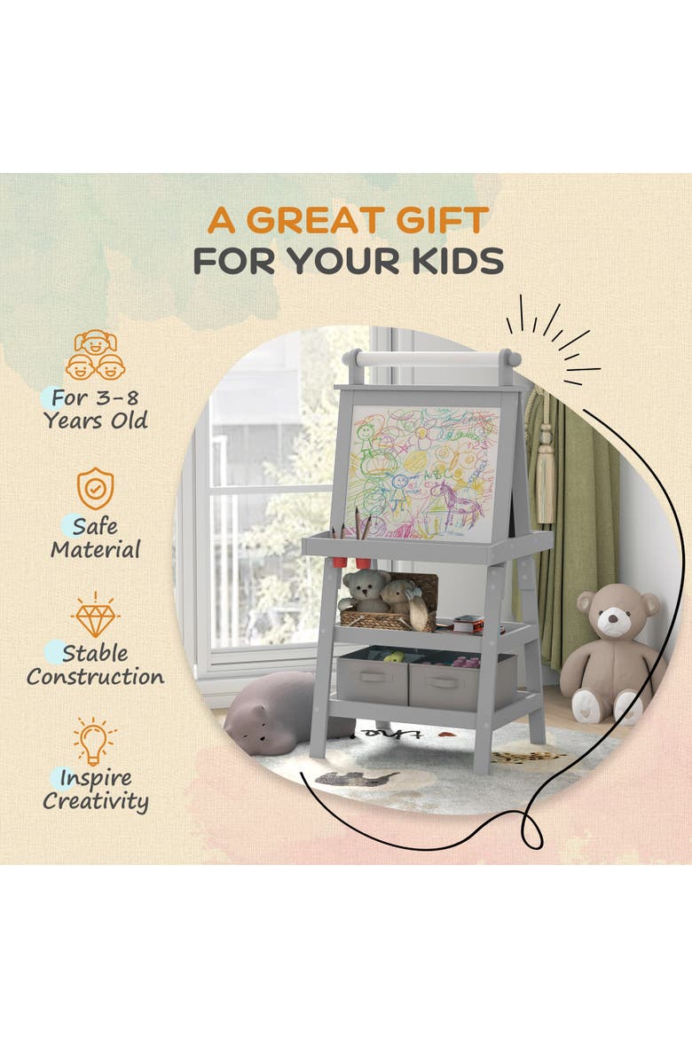 Kids Double Sided Art Easel with Paper Roll, Magnetic Boards & Storage, Alternate, color, Gray