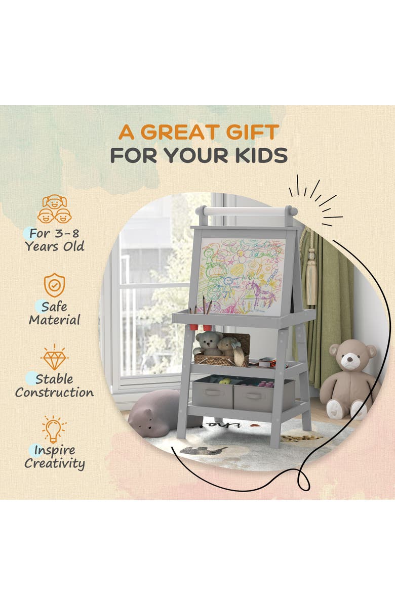 Qaba Kids Double Sided Art Easel with Paper Roll, Magnetic Boards & Storage, Alternate, color, Gray