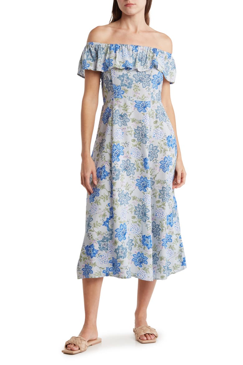 Floral Off the Shoulder Midi Dress, Main, color, BLUE
