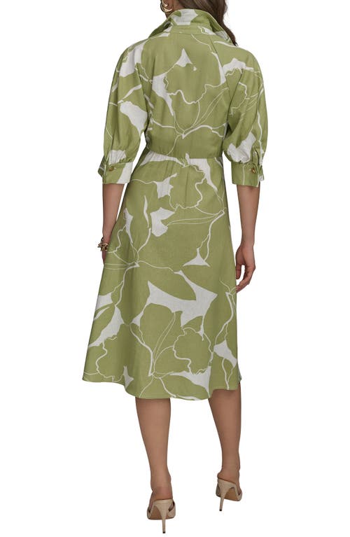 Donna Karan New York Print Tie Waist Linen Blend Midi Shirtdress In Green