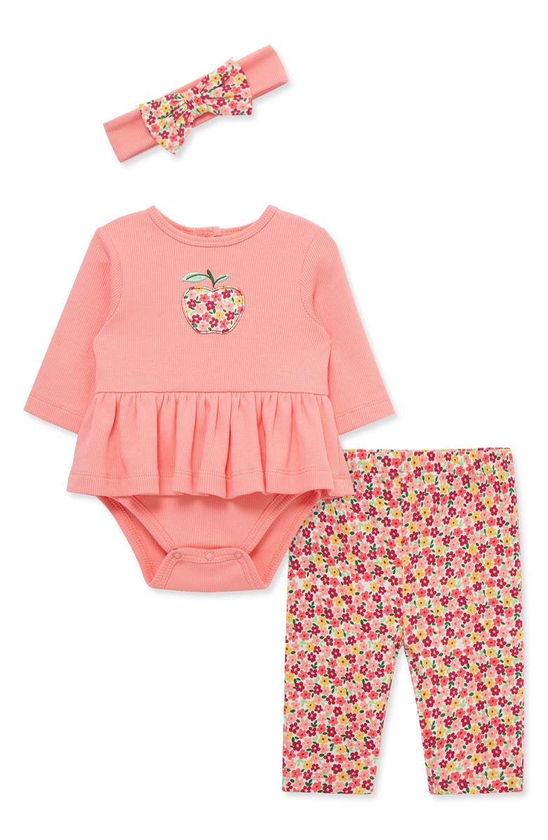 Little Me Apple Skirted Bodysuit, Leggings & Headband Set, Alternate, color, Rose