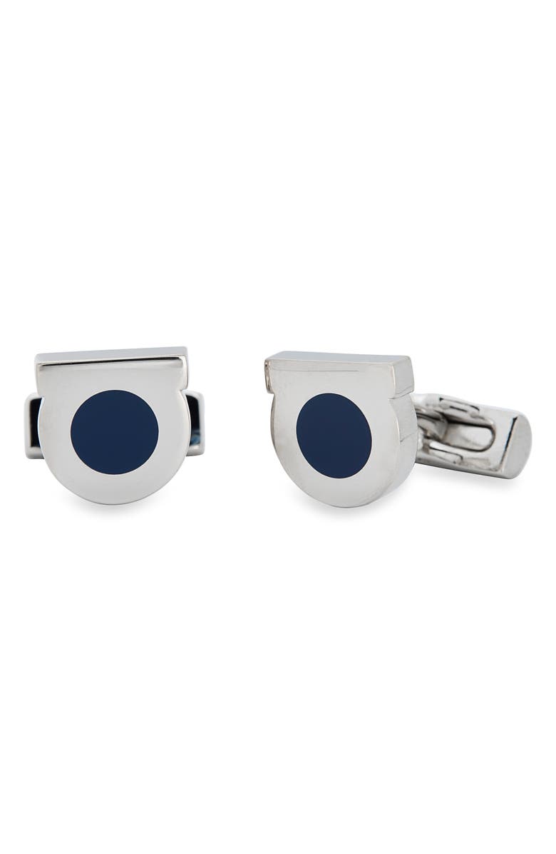 FERRAGAMO Gancio Cuff Links, Main, color, Silver/ Navy