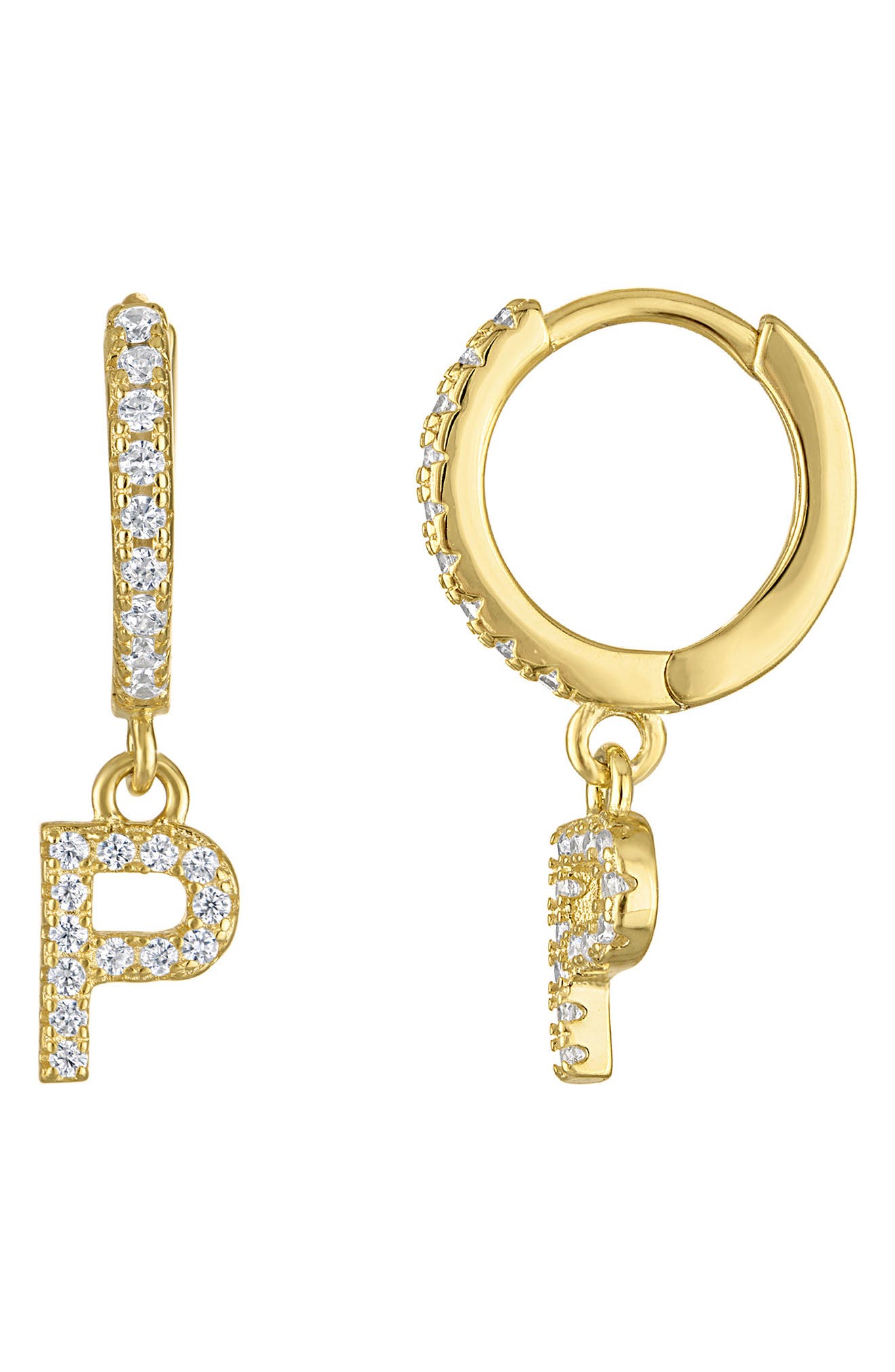 FZN Cubic Zirconia Initial Charm Huggie Hoop Earrings