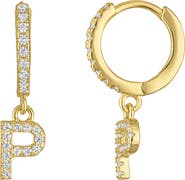 FZN Cubic Zirconia Initial Charm Huggie Hoop Earrings