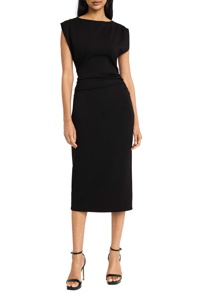 Ruched Cap Sleeve Dress, Main, color, BLACK