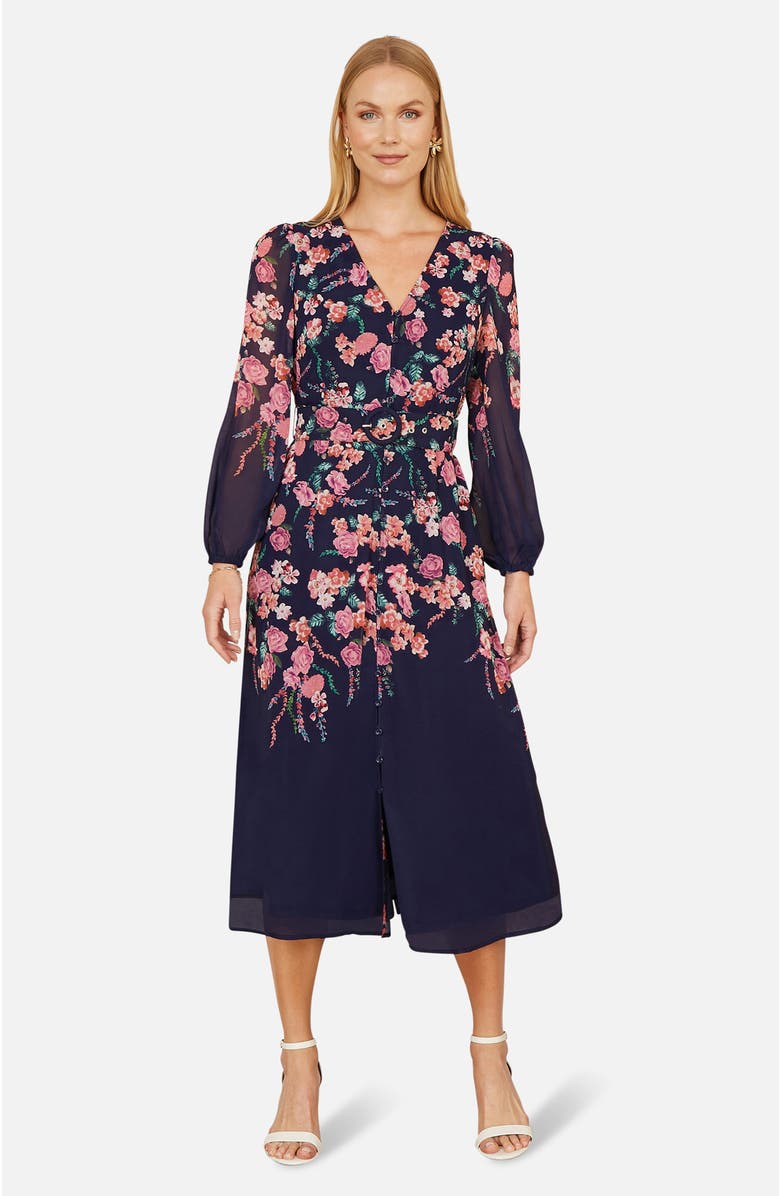 Yumi Belted Floral Midi Dress, Main, color, Navy