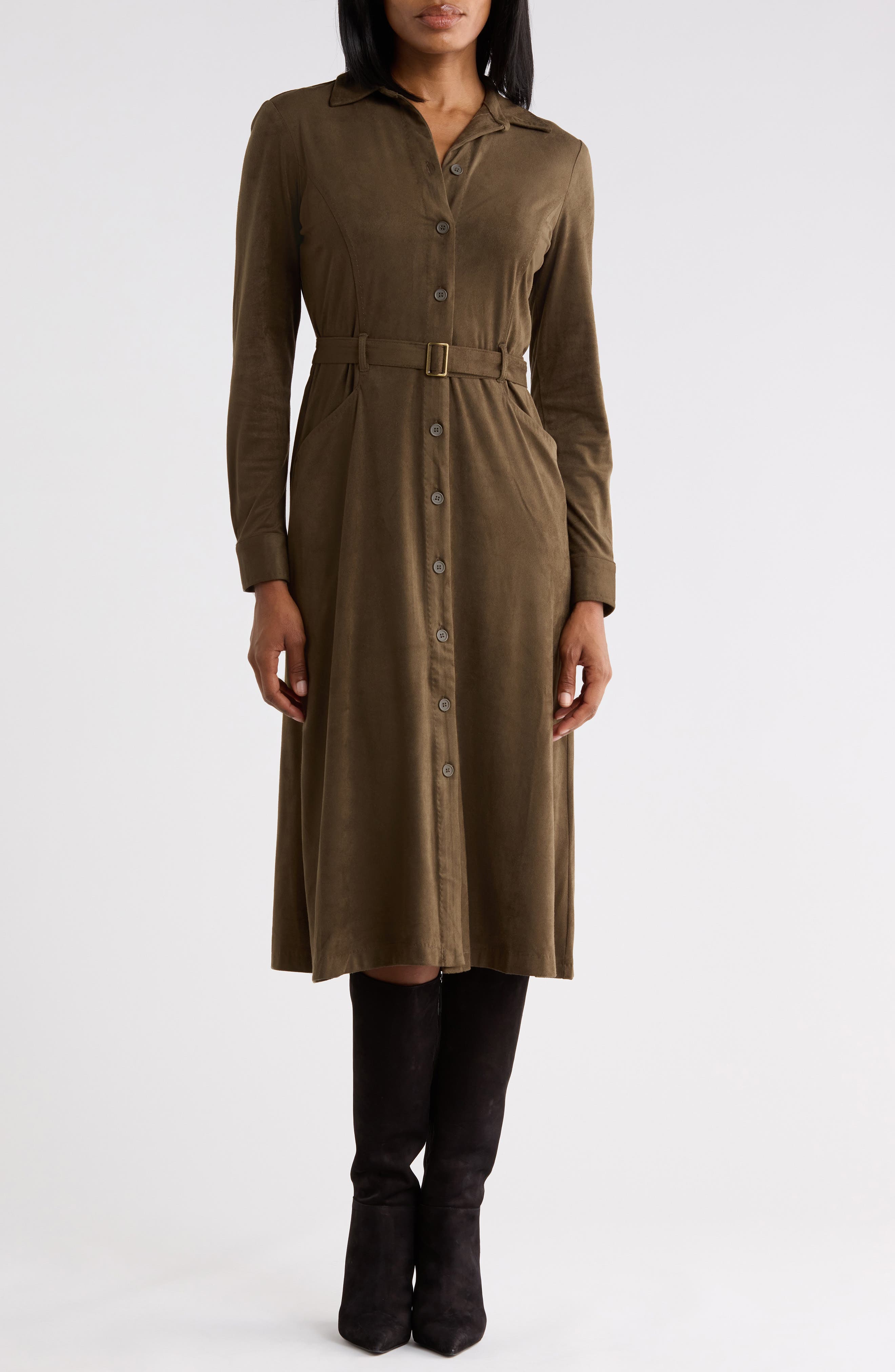 Faux Suede Long Sleeve Belted Shirtdress