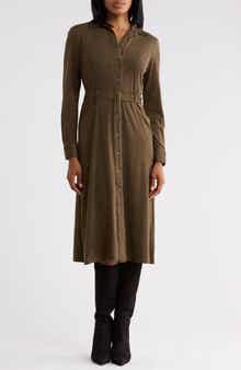 Faux Suede Long Sleeve Belted Shirtdress