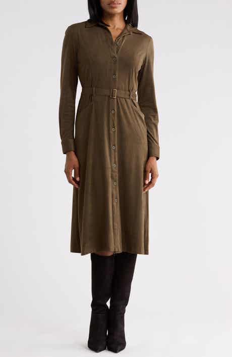 Faux Suede Long Sleeve Belted Shirtdress