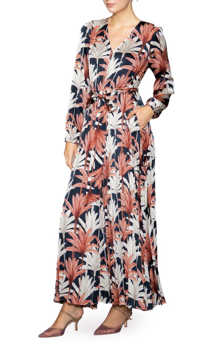MELLODAY Botanical Tie Waist Pleated Maxi Dress, Alternate, color, Navy Multi Leaf