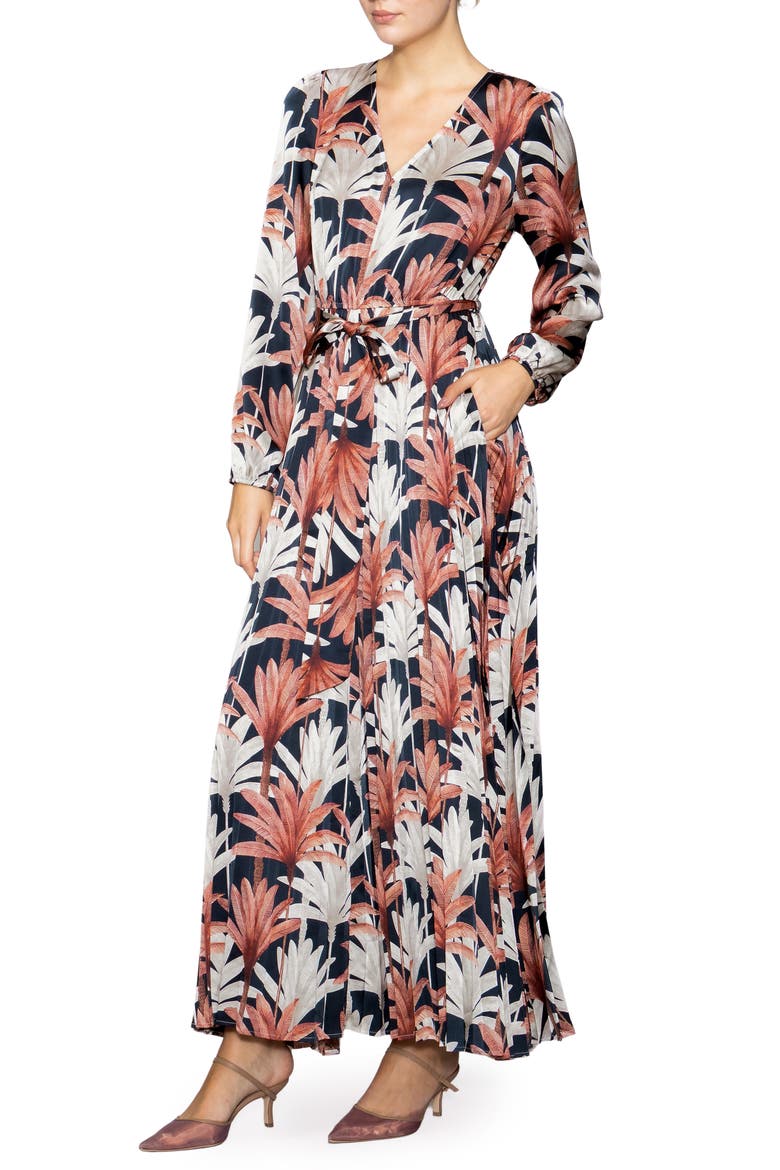 melloday dress MELLODAY Satin Daisy Print Tie Neck Long Sleeve Button Front Midi Shirt Dress, Womens, S, Green Daisy