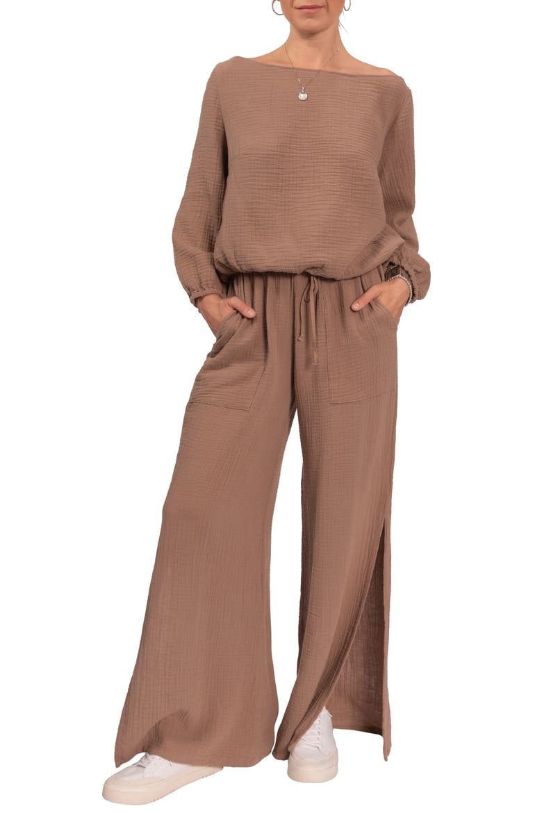 Riley Cotton Gauze Split Hem Pants, Alternate, color, MUSHROOM