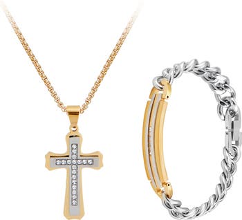 Men's Goldtone Plated Stainless Steel Diamond Cross Necklace & Bracelet 2-Piece Set - 0.1 ctw.
