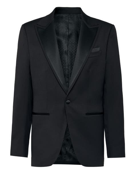 Satin Trim Stretch Wool Blend Evening Blazer Men