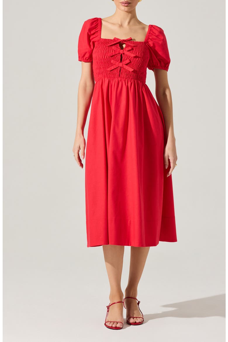 Bow Detail Smock Bodice Cotton Blend Dress, Main, color, RED
