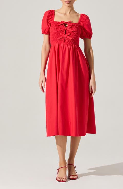 Bow Detail Smock Bodice Cotton Blend Dress