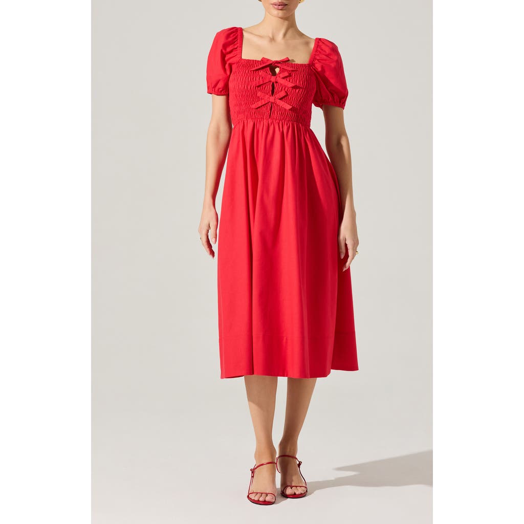 Astr The Label Bow Detail Smock Bodice Cotton Blend Dress In Red
