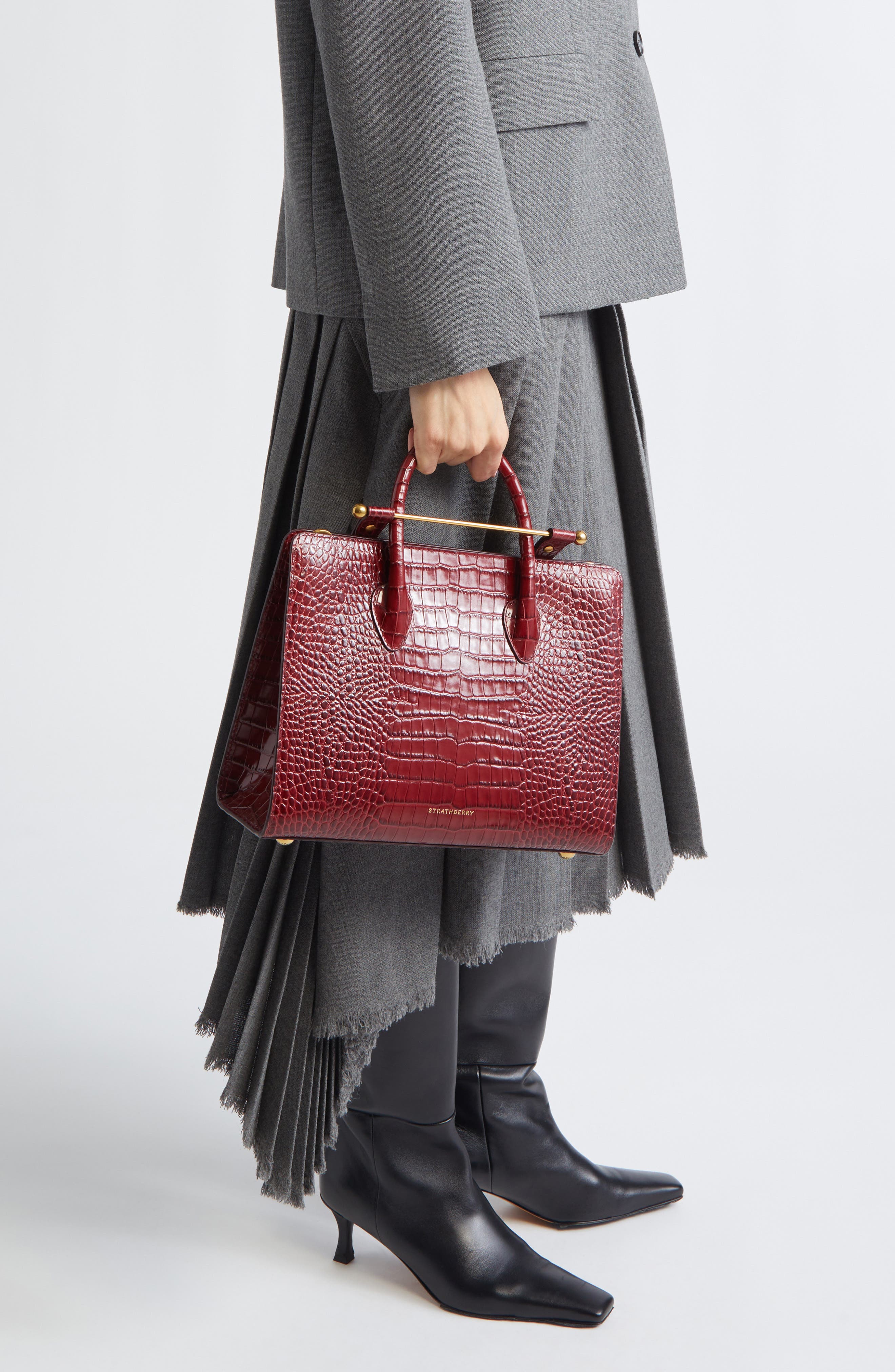 Strathberry Midi Croc Embossed Leather Tote, Alternate, color, Oxblood