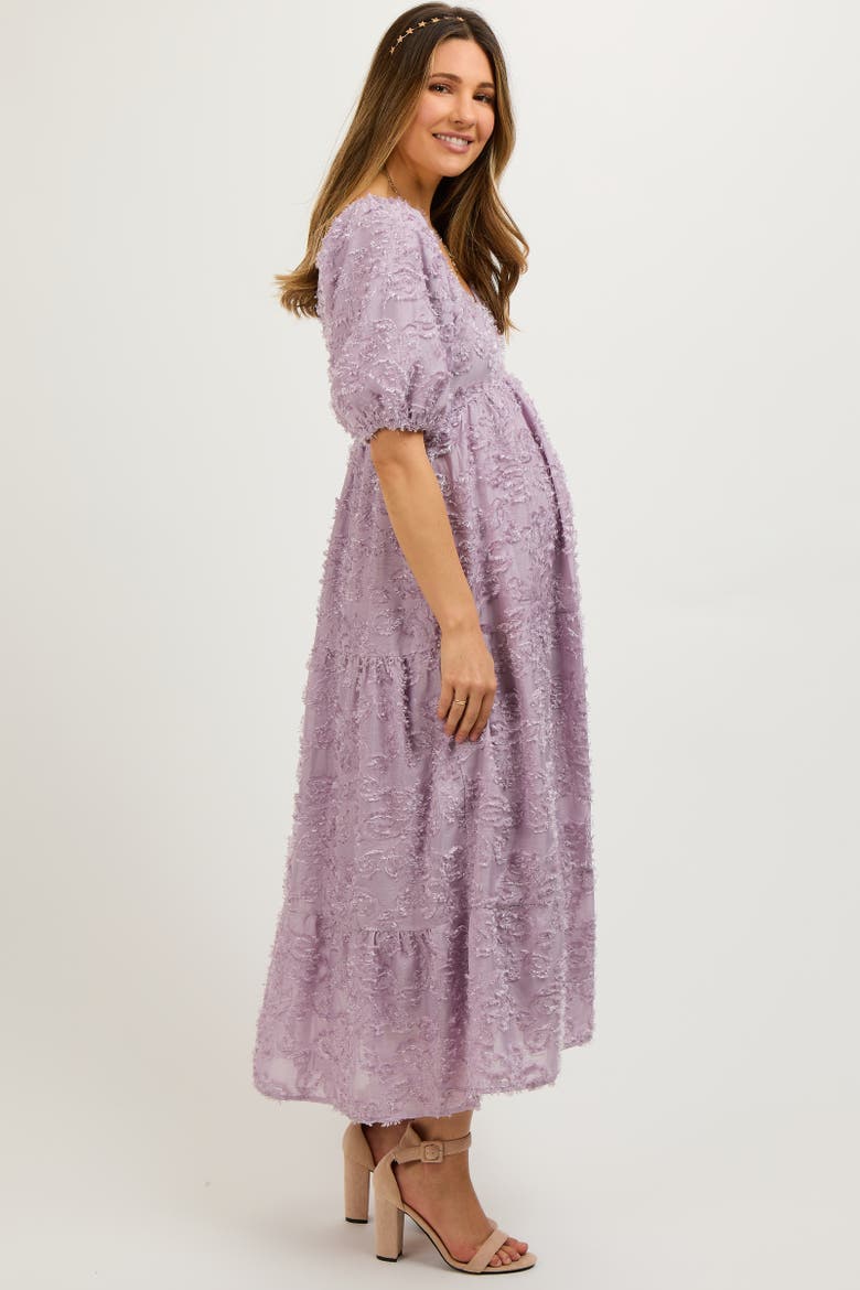 Fringe Textured Short Puff Sleeve Midi Dress, Alternate, color, Lavender