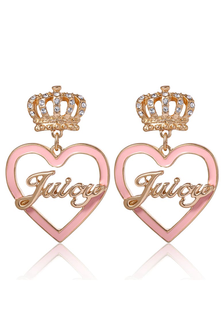 "Juicy" Gold-Tone Crown & Pink Heart Drop Earrings, Alternate, color, pink, gold