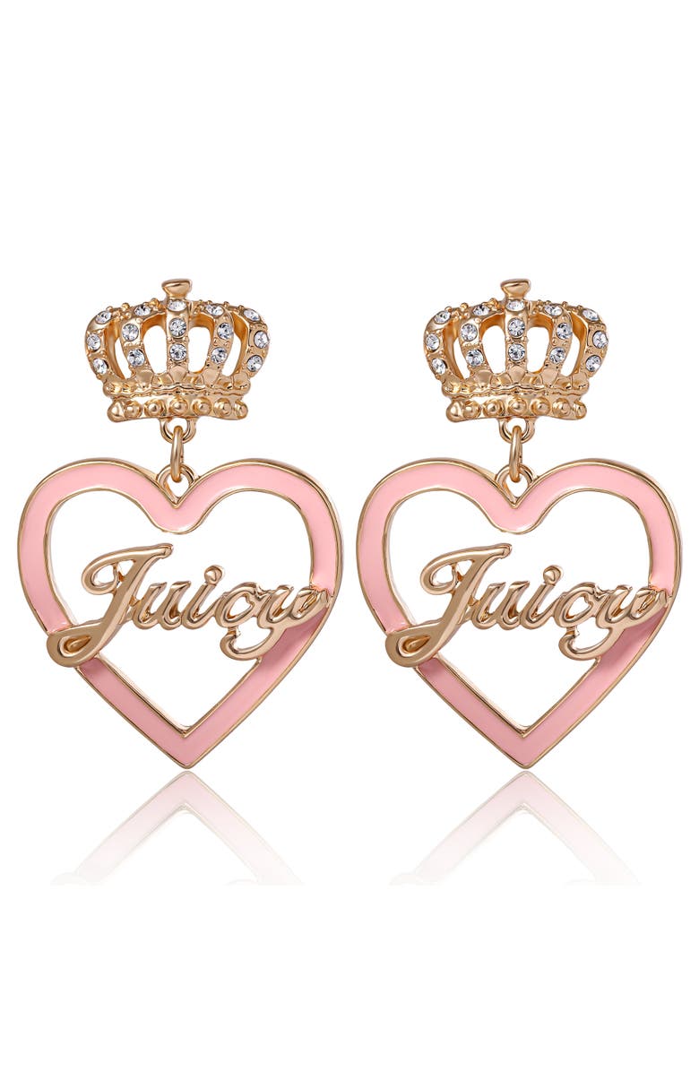 Juicy Couture "Juicy" Gold-Tone Crown & Pink Heart Drop Earrings, Alternate, color, Pink, Gold