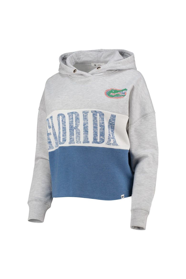 Women's '47 Heathered Gray/Heathered Royal Florida Gators Lizzy Colorblocked Cropped Pullover Hoodie, Alternate, color, Heather Gray