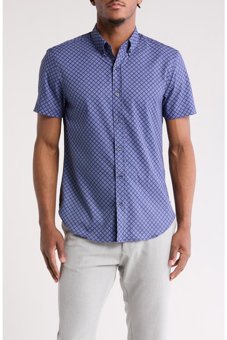 Slim Fit Geometric Four-Way Stretch Performance Short Sleeve Button-Down Shirt, Main, color, NAVY