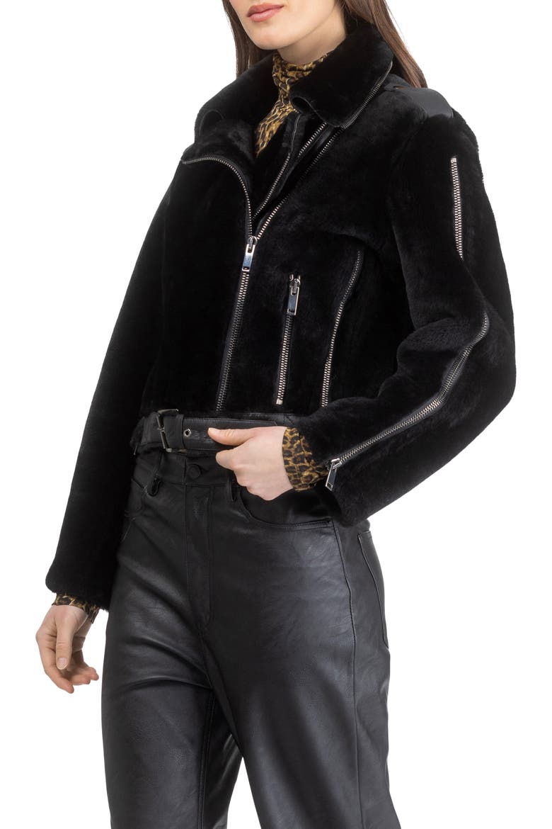 Genuine Shearling And Leather Moto Jacket, Alternate, color, BLACK