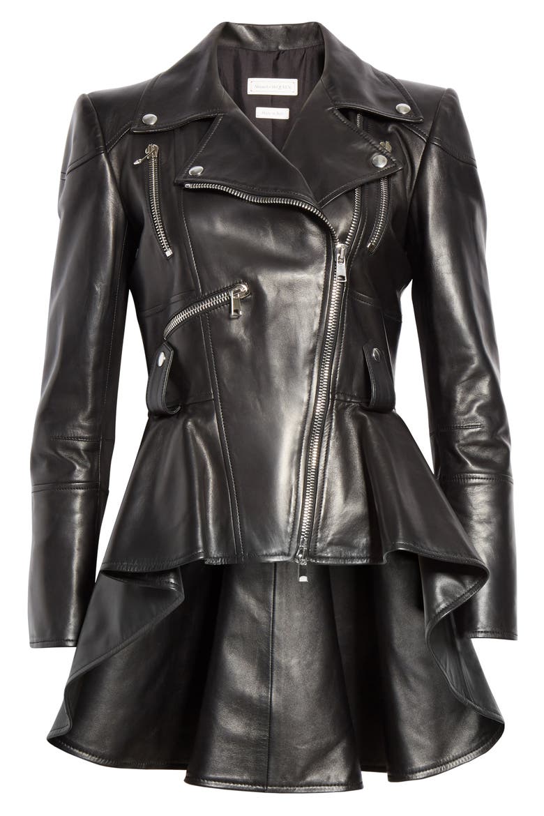 Alexander McQueen Peplum Leather Biker Jacket, Alternate, color, BLACK