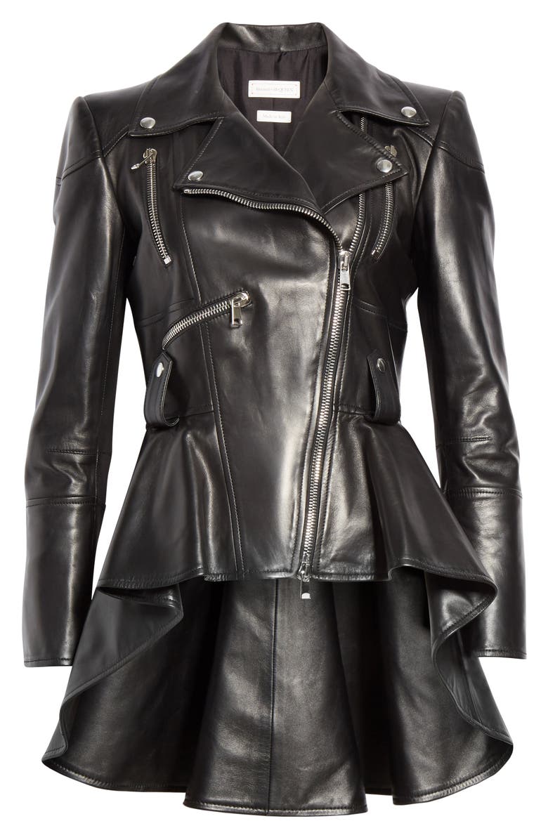 McQueen Alexander McQueen Peplum Leather Biker Jacket, Alternate, color, 