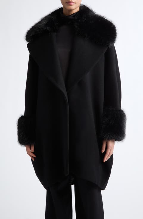 Faux Fur Trim Wool Blend Velour Coat