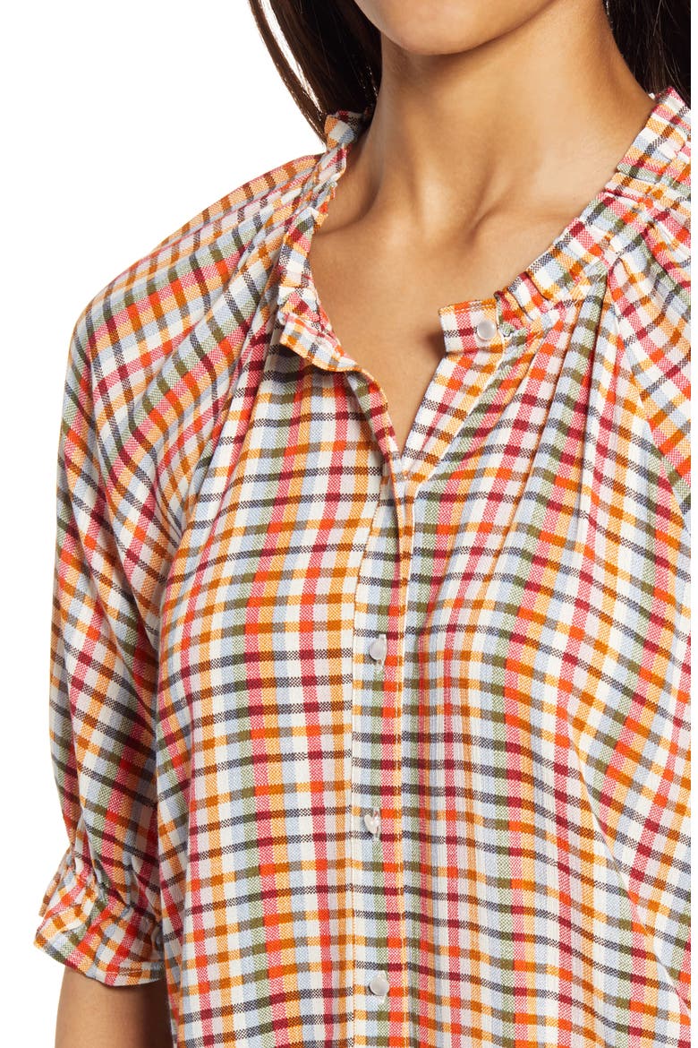 Print Button Front Blouse, Alternate, color, MULTI GINGHAM