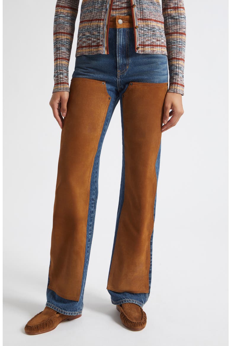 Dylan High Waist Suede Trim Straight Leg Jeans, Main, color, EQUINOX BLUE