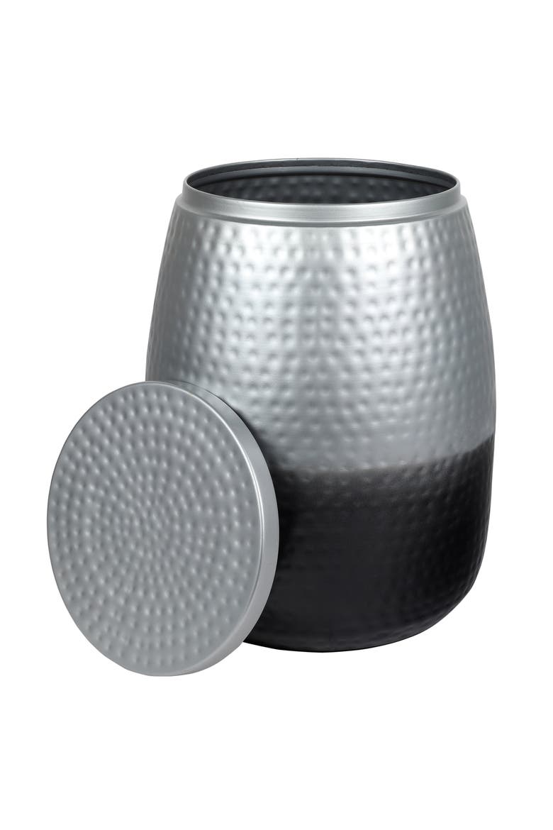 Merida Modern Rustic Hammered Metal Drum Storage Side Table with Lid, Main, color, Silver/Black