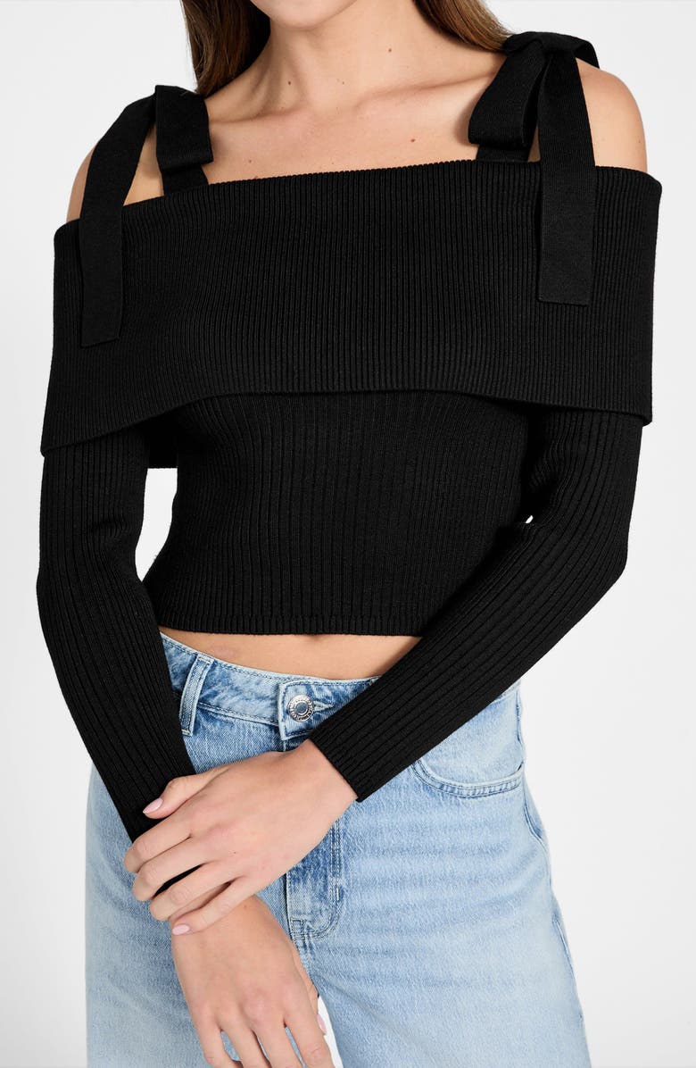 GUESS Tie Strap Rib Crop Sweater, Alternate, color, Black