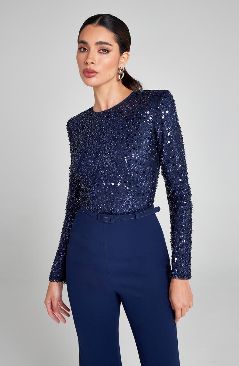 NADINE MERABI Misha Belted Long Sleeve Flare Jumpsuit, Alternate, color,