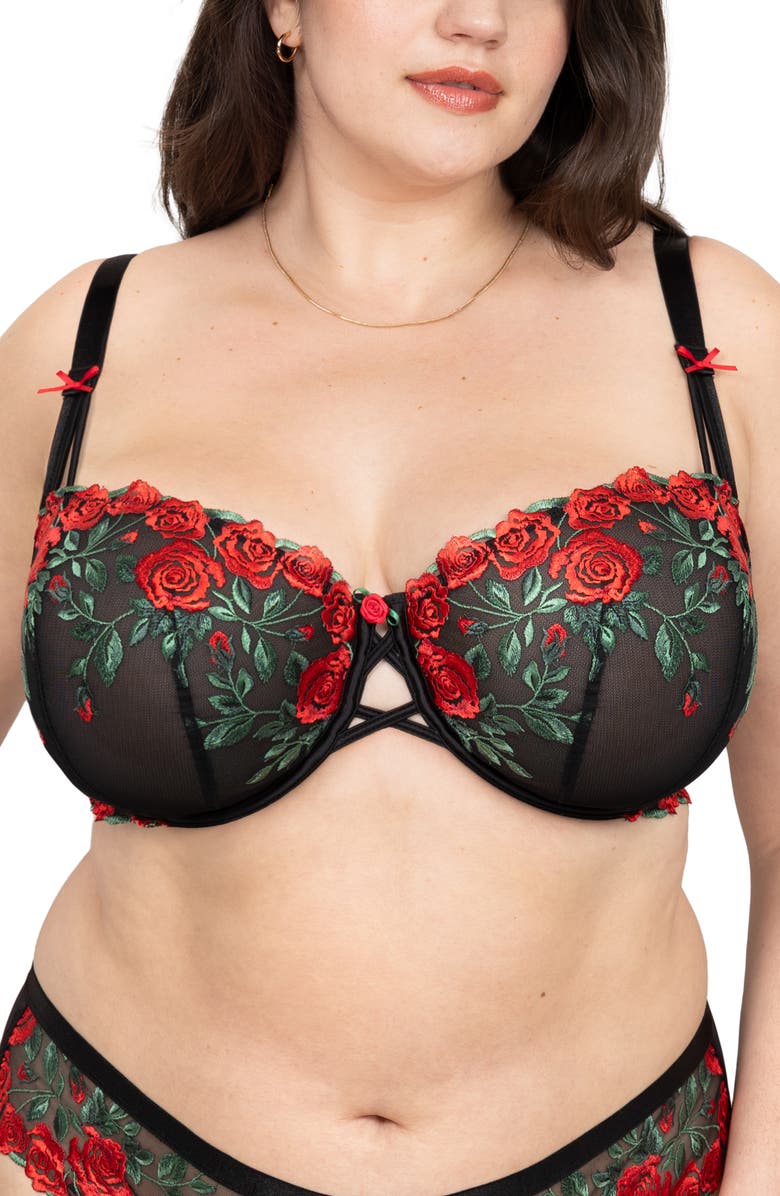 Curvy Couture Floral Embroidered Balconette Bra, Main, color, Rose Garden Embroide