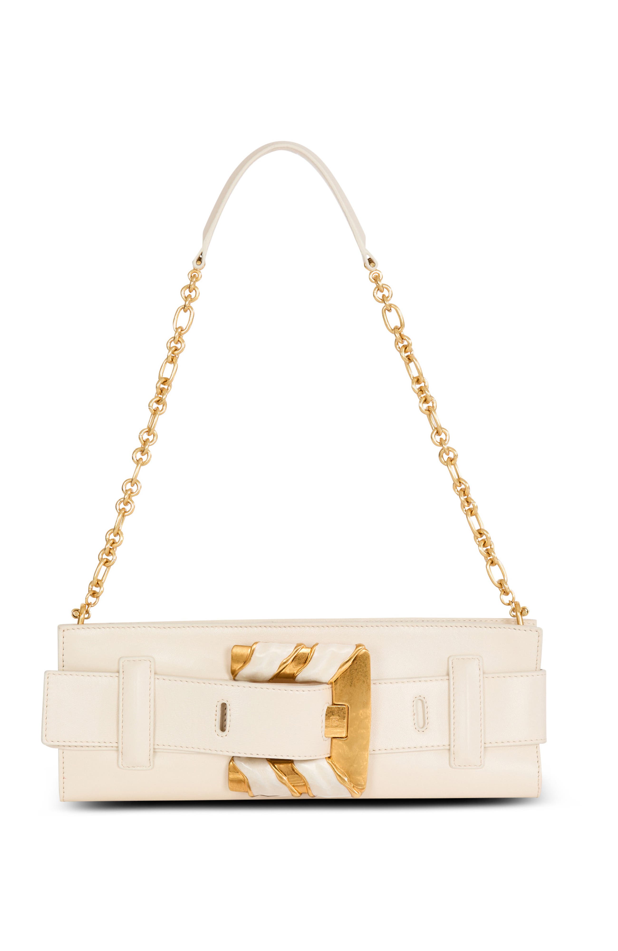 Balmain Anthem lambskin and enamel clutch, Main, color, Beige
