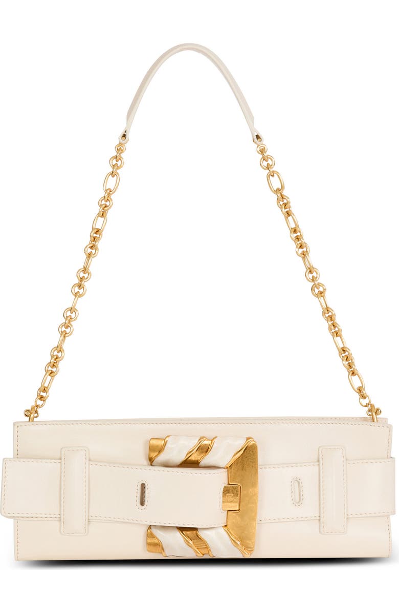 Balmain Anthem lambskin and enamel clutch, Main, color, Beige