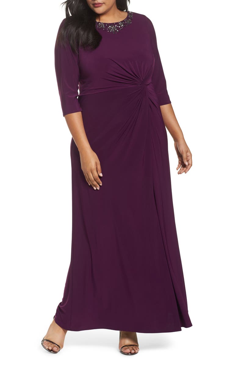 Alex Evenings Embellished Knot Front A-Line Gown, Main, color, 