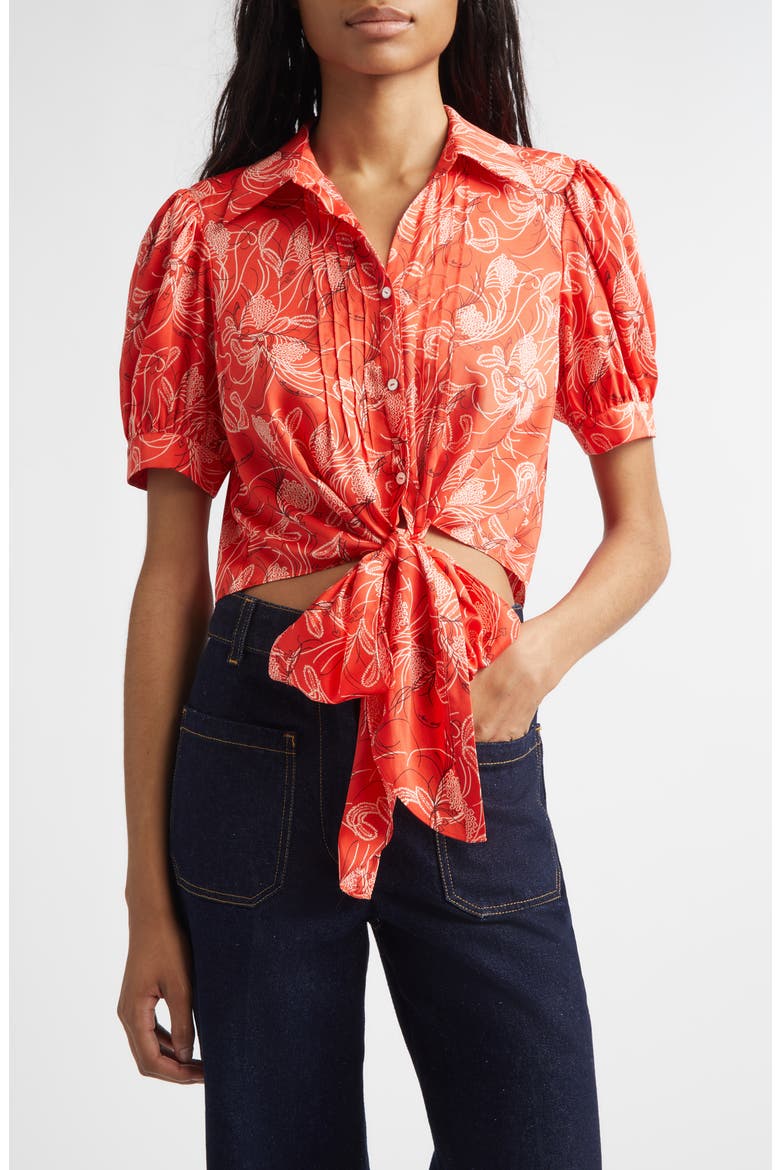 Abena Floral Puff Sleeve Tie Front Button-Up Shirt, Main, color, BISOU MULTI