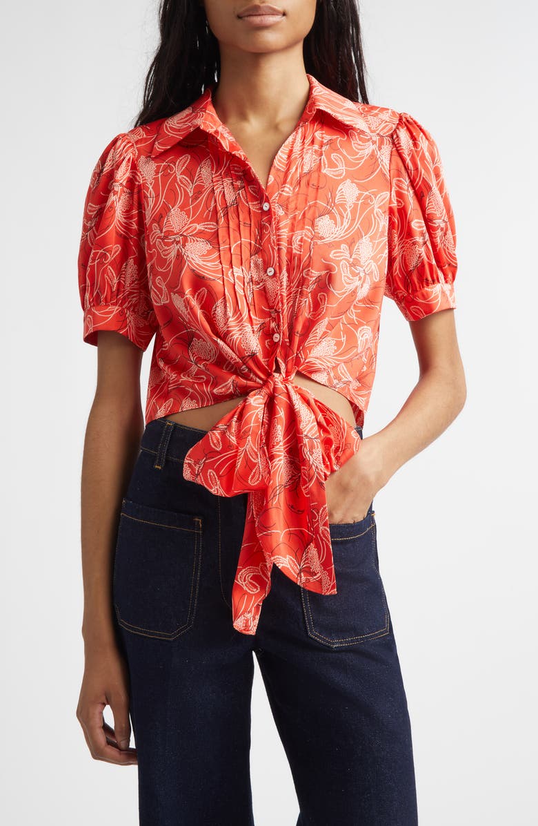 Cinq à Sept Abena Floral Puff Sleeve Tie Front Button-Up Shirt, Main, color, Bisou Multi
