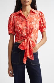 Cinq à Sept Abena Floral Puff Sleeve Tie Front Button-Up Shirt