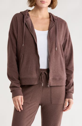 Jessica Simpson Full Zip Double Soft Hooded Sweatshirt In Brown