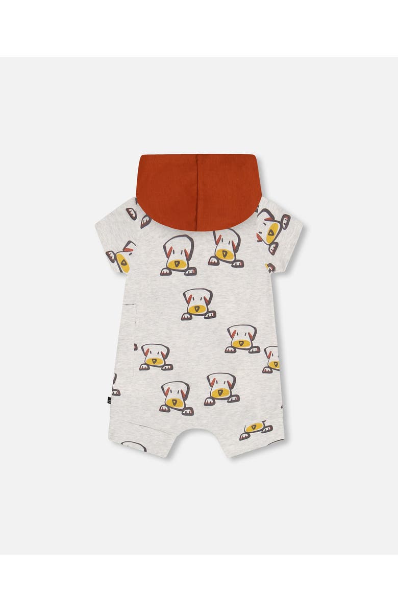 Deux par Deux Baby Boy's Organic Cotton Hooded Romper Heather Beige With Printed Dog, Alternate, color, 