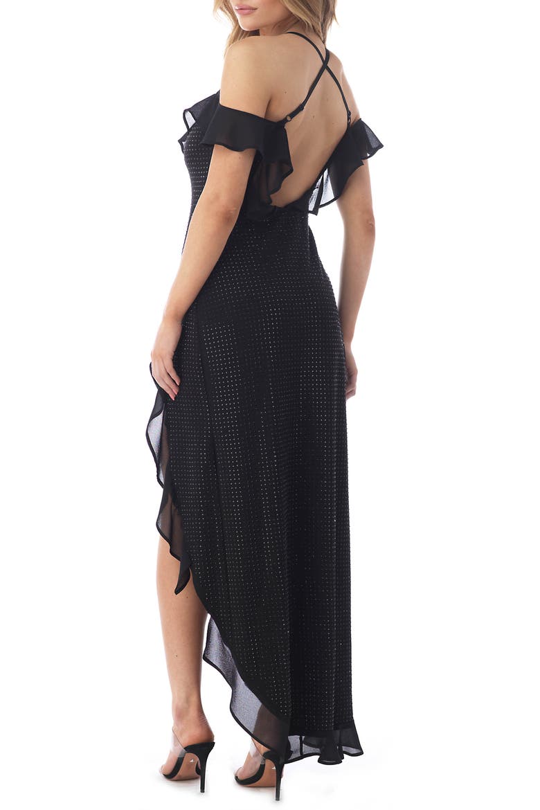 Rhinestone Cold Shoulder Open Back High-Low Cocktail Dress, Alternate, color, BLACK